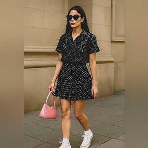 ZARA🐞 Preppy Viscose Black and white Polka Dot Mini Flared Skort with WaistTie
